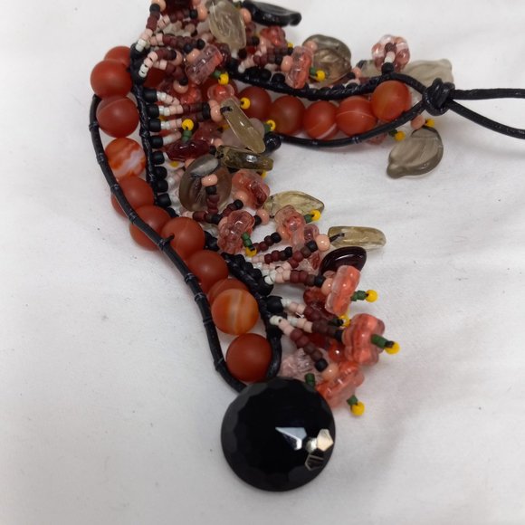 Woven Bracelet, Pink/Brown Agate with Fringe, Flowers, Antique Mourning Button - Picture 8 of 8